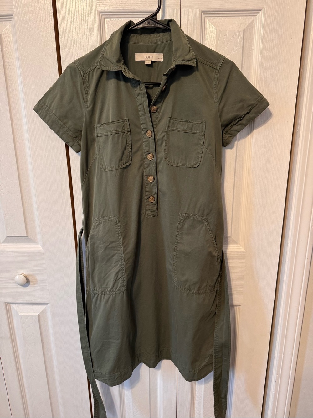 LOFT Olive Green Utility Shirt Dress with Waist Ties Size XXS Oversized - Picture 2 of 12